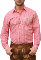 Frontansicht Herren Trachtenhemd für Lederhosen – rot kariertes Baumwollhemd mit klassischem Kragen und durchgehender Knopfleiste. Ideales Oktoberfest-Hemd für Herren. Jetzt online kaufen!