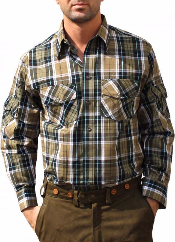 Men’s Hunting Shirt Green Checkered Shirt Front view of Men’s Hunting Shirt Green Checkered Shirt featuring a classic Bavarian style with long sleeves, button front and chest pockets. Comfortable breathable design perfect for hunting or casual wear buy online today