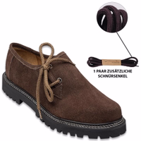 Classic Bavarian Haferl Lederhosen shoes in dark brown color suede offer a comfortable fit and durable construction, complete with an extra pair of laces.