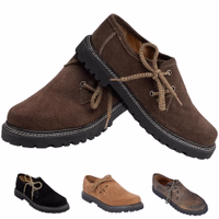 Men's traditional haferl shoes in dark brown suede, featuring a short shark profile and block heel. Handmade with 100% suede and soft leather lining for comfort. Lace fastening for a secure fit. Get yours today!