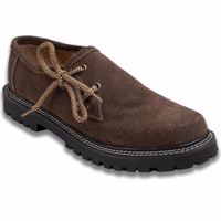 Handcrafted German haferl shoes featuring a block heel and round toe cap. Made from 100% suede leather with a soft leather inner lining, these traditional lace-up shoes are perfect for carnival celebrations.