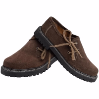 A pair of traditional haferl shoes in dark brown, featuring side lacing and a soft inner leather lining. These durable leather shoes are crafted from 100% suede and include lace fastening, a rubber sole, and a block heel for added comfort and stability.