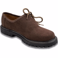 Side view of haferl shoes showcasing a block heel and rubber sole, crafted from 100% suede leather in a dark brown color. The design is elegant, reflecting traditional German wear suitable for a traditional costume.