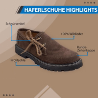 Discover our handcrafted Bavarian haferl shoes for men, made from premium Dark Brown suede. With durable cord laces and a treaded sole for grip, these shoes feature a classic round toe cap, blending traditional craftsmanship with modern comfort.
