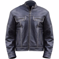 The Front view of a lamb nappa leather jacket featuring long sleeves, a front zipper, and side pockets. Made from 100% lamb nappa leather, this jacket includes a stylish polo neck and is crafted from soft lamb skin.