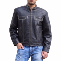 Front view of a men's lamb nappa leather jacket with long sleeves a zippered breast pocket and a chic polo neck. Made from 100% lamb nappa leather, this jacket combines style and functionality ideal for motorbike enthusiasts and lovers of premium lambskin.
