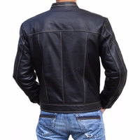 Elegant back view of a luxurious 100% lamb nappa leather jacket. Featuring long sleeves, a sophisticated polo neck, and practical side pockets with zippers. A stylish zipper breast pocket adds an extra touch of functionality.