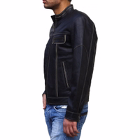 A side view of a men's black motorcycle leather jacket, featuring a front full zipper, long sleeves, and a polyester lining. The jacket is crafted from fashion nappa leather and includes one inner pocket.