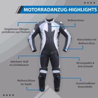 Dieser einteilige Motorrad-Lederanzug in Schwarz, Weiß und Grau verfügt über metallverstärkte Schultern und Ellbogen, Kalbsleder, abnehmbare Knieslider und Reißverschlussbündchen für einfaches Anziehen von Handschuhen und Stiefeln.