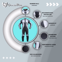 Aus echtem Kalbsleder gefertigt, bietet dieser einteilige Motorradanzug in Schwarz und Grau verstärkte Aufprallschutzzonen, Reißverschlüsse an Ärmeln und Beinen für einfachen Zugang zur Ausrüstung sowie ein schlankes, rennfertiges Design.