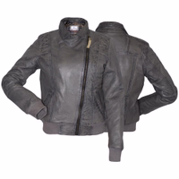 Front and rear view of jacket, Discover luxury with women Grey leather jacket. Crafted from 100% lamb nappa leather, this jacket features a front zip, sleeve buttons, and multiple pockets. Designed by German Wear, it's a stylish and functional choice.
