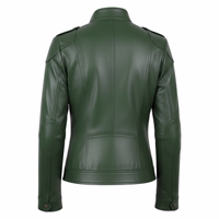 Rückansicht einer hochwertigen Damen-Lederjacke aus besonders weichem Material für höchsten Komfort. Mit praktischen Taschen und klassischem Knopfverschluss vereint diese Premium-Jacke Stil und Funktionalität. Weltweite kostenlose Rücksendun