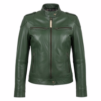 Vorderansicht einer grünen Leder-Motorradjacke. Erleben Sie Luxus mit diesem weichen, natürlichen Lederblazer für höchsten Tragekomfort. Mit praktischen Taschen und klassischem Knopfverschluss vereint er Stil und Funktionalität.