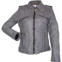 The front view of a Grey leather motorcycle jacket. Indulge in luxury with a natural leather blazer. Soft and comfortable, it features practical pockets and a classic button closure. premium product, free return world wide