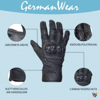 Merkmale der schwarzen Lederhandschuhe von German Wear – Für moderne Biker gefertigt, bieten diese Handschuhe erstklassige Qualität, Langlebigkeit und Stil. Fahre mit Vertrauen und Komfort, unterstützt durch bewährte deutsche Ingenieurskunst.