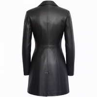 Back View of ladies leather sophisticated design coat in black lamb nappa leather offers elegance and comfort.