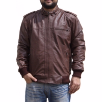Front view of men's brown leather jacket, it features a stylish zipper front &strategically placed pockets. Made of the finest Lamb-Nappa-leather, it offers unmatched comfort &luxury. Order now that exudes culture!