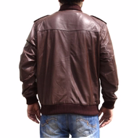 Rear view of a Classic luxury comfort with men's style brown leather jacket. Designed for modern gentleman, features a smart zipper front &ample pocket space. Made of 100% nappa lamb, it's a premium addition to closet. Order today