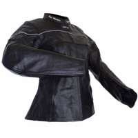 The arm view of the black women's motorcycle jacket highlights its design, featuring arms, shoulders, and back protectors for substantial safety, resilient to slide accidents. Additionally, it includes two side pockets closed with zippers.