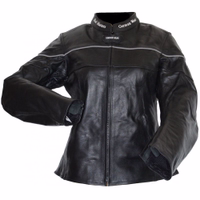 The women's motorcycle jacket in black color, with a front view, is equipped with protectors for the arms, shoulders, and back. It features a stand-up collar and removable lining, as well as a zipper and Velcro closure.