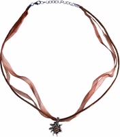 Braune Trachten-deutsche Halskette mit Satin- und Chiffonbändern, verziert mit einem mit Strasssteinen besetzten Edelweiß-Anhänger; perfektes Schmuckaccessoire für Trachten, Dirndl und das Oktoberfest.