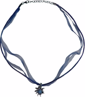 Traditional costume necklace Edelweiss satin chiffon rhinestones metal traditional costume necklace dark blue Dark blue Edelweiss necklace with rhinestone-studded pendant, handmade German choker, satin and chiffon ribbons, perfect Dirndl accessory, Bavarian costume jewelry, festival-ready necklace.