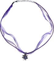 Green Traditional German Necklace with satin/chiffon ribbons, rhinestone-studded Edelweiss pendant, perfect Dirndl and Bavarian costume jewelry, ideal for Oktoberfest and festive occasions.