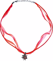 Trachtenkette Edelweiß Satin Chiffon Straßsteine Metall Tracht Kette rot Rote deutsche Halskette mit Satin- und Chiffonbändern, mit Strasssteinen besetztem Edelweiß-Anhänger, handgefertigter bayerischer und Dirndl-Schmuck, 47–52 cm, perfekt für das Oktoberfest und festliche Anlässe.