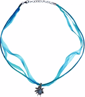 Trachten-Halskette mit türkisfarbenem Edelweiß-Anhänger, Satin- und Chiffonbändern, mit Strasssteinen besetztem Dirndl-Schmuck, perfekt für das Oktoberfest, Festivals und Kostümveranstaltungen.