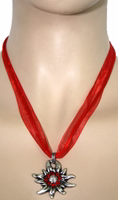 Traditional Edelweiss Pendant Necklace by German Wear with red satin chiffon ribbon, 3.5cm rhinestone-studded pendant, and secure lobster clasp. Perfect Bavarian choker for Oktoberfest.