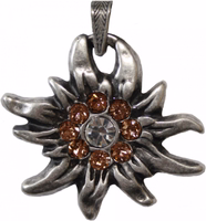Orange Satin-/Chiffon-Oktoberfest-Halskette mit Edelweiß-Anhänger, detailliertem Metall-Karabinerverschluss und Schnalle, hochwertiger deutscher Trachten-Schmuck, perfektes Kostümaccessoire.
