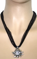 satin/chiffon Traditional Edelweiss Necklace with rhinestone-studded pendant, perfect German costume accessory for Oktoberfest or festive outfits.