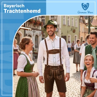 White traditional Bavarian shirt with long sleeves and button cuffs, full view