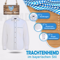 Men's Traditional Bavarian Shirt White traditional Bavarian shirt with kent collar, button cuffs, and button front, laid flat showing front view