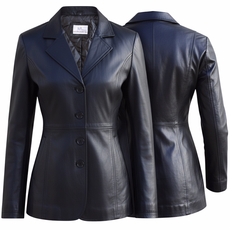 Damen-Ledermantel – Schwarz Vorder- und Rückansicht eines stilvollen schwarzen Mantels aus Lamm-Nappaleder mit klassischem Reverskragen