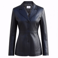 Front view of a stylish black lamb nappa leather coat. Features include a classic lapel collar, front buttons, side pockets, and genuine soft lamb nappa leather. This fashionable coat is made from 100% high-quality lamb nappa for a timeless look.