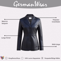 Black women's lambskin leather jacket with button closure, long sleeves, and midi length, front view