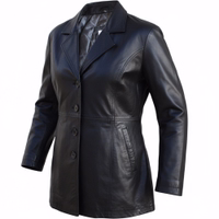 Side view of a women's lamb nappa leather coat, crafted from 100% genuine lamb nappa leather with a soft polyester lining. The coat features an elegant design with inner pockets and a luxurious, supple texture.