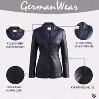 Close-up of black women's lambskin leather jacket showing lapel collar and button closure detail