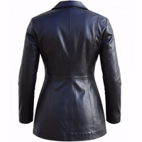 Back view of a ladies' black lamb nappa leather coat featuring a classic lapel collar and a button closure. Crafted from 100% genuine lamb nappa leather and lined with soft polyester, this coat includes an inner pocket for added convenience.