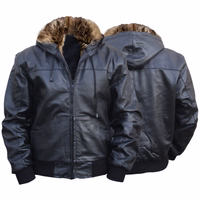 Men's Leather hoodie hooded jacket in black color showcases its both front and back views. A Classic full sleeves hooded jacket with frontal zip fastening