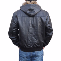 Presented from a rear view, the men's black Nappa-leather fashion jacket is crafted from the finest sheepskin leather. It features a classic full-sleeve hooded design with a frontal zip fastening.