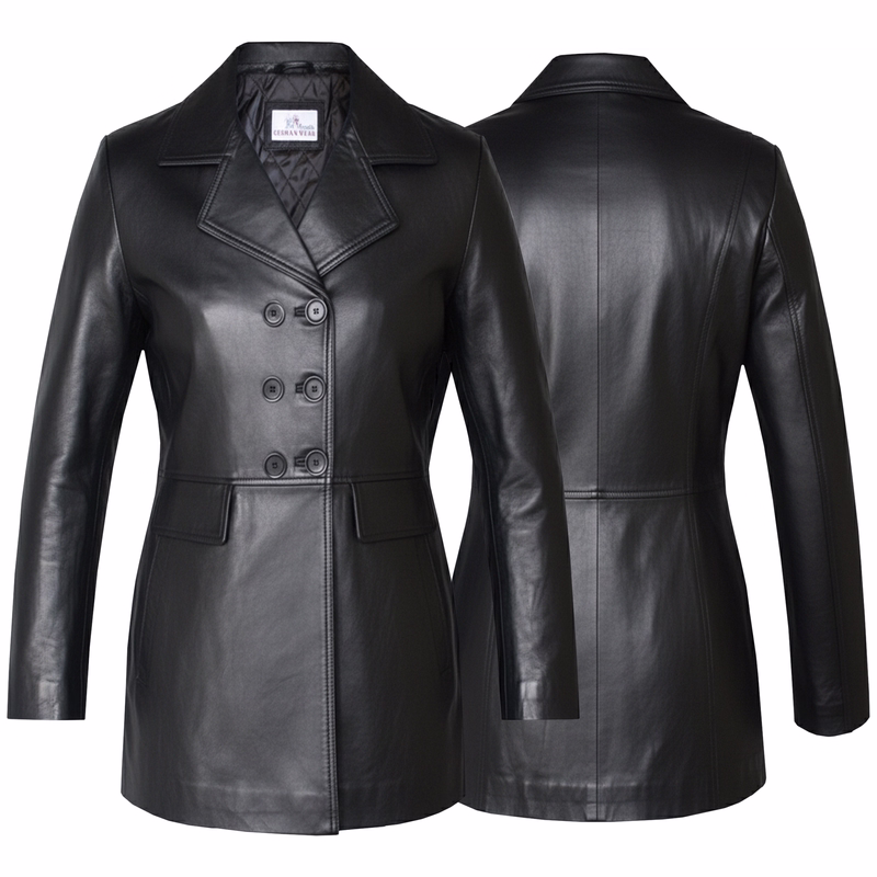 Damen Midi Ledermantel Trenchcoat echtleder Mantel aus Lammnappa Leder Schwarz