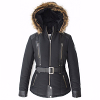 Ladies Polyester Jacket with lambskin stripes combines comfort and style. Designed by German Wear, this black jacket features extra shoulder padding and multiple practical pockets. Free next business day delivery.