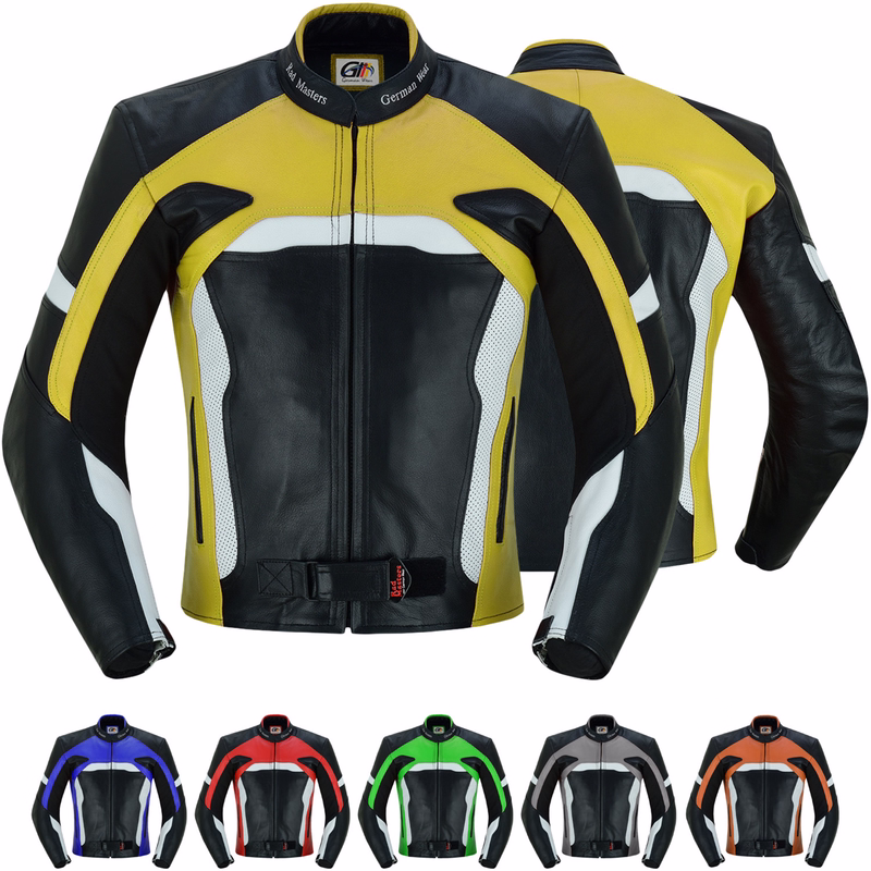 Kombinierbare Motorradjacke aus Rindsleder In striking yellow, the Cowhide Leather Motorcycle Jacket (front & rear views) comes equipped with shoulder, elbow, and back protectors for maximum safety. Premium inner padding is expertly stitched inside, ensuring both comfort and enhanced protection.