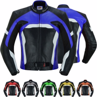 In dark blue, Cowhide Leather Motorcycle Jacket offers front &rear views, equipped with shoulder, elbow, &back protectors for optimal safety. Additionally, it boasts high-quality stuffing/padding stitched inside for enhanced comfort and protection