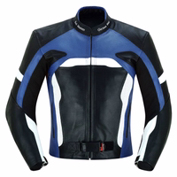 Crafted from cowhide leather, the men's motorcycle jacket in dark blue presents a front view. It includes two front pockets with hidden zips & 1 inside pocket, adding both style and functionality to the design.