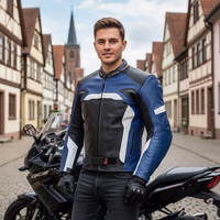Motorcycle leather jacket with protectors on arms and shoulders, worn in front of a motorcycle.