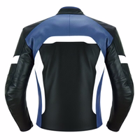 In rear view, the men's dark blue motorcycle jacket features arm, shoulder, elbow, and back protectors. It includes Velcro fasteners on the neck and bottom above the main zipper, ensuring a secure fit and enhanced safety