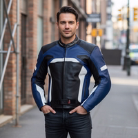 Motorcycle leather jacket with front zipper and waist belt, worn by a man on a city sidewalk.